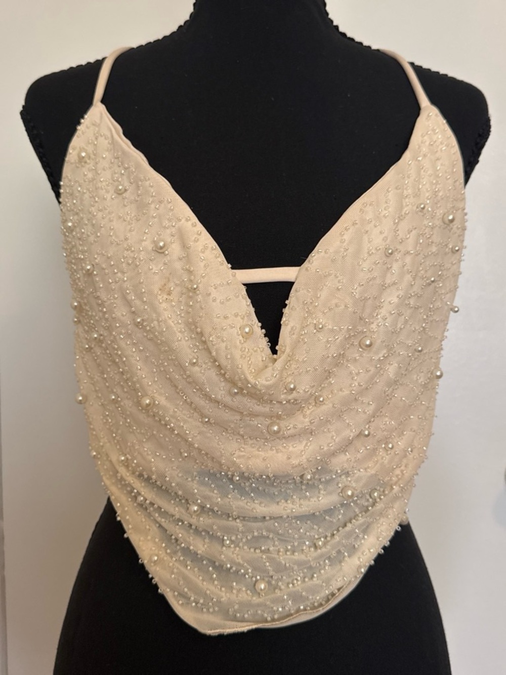 Windsor Ivory Pearl Beaded Cowl Neck Corset Top Size L